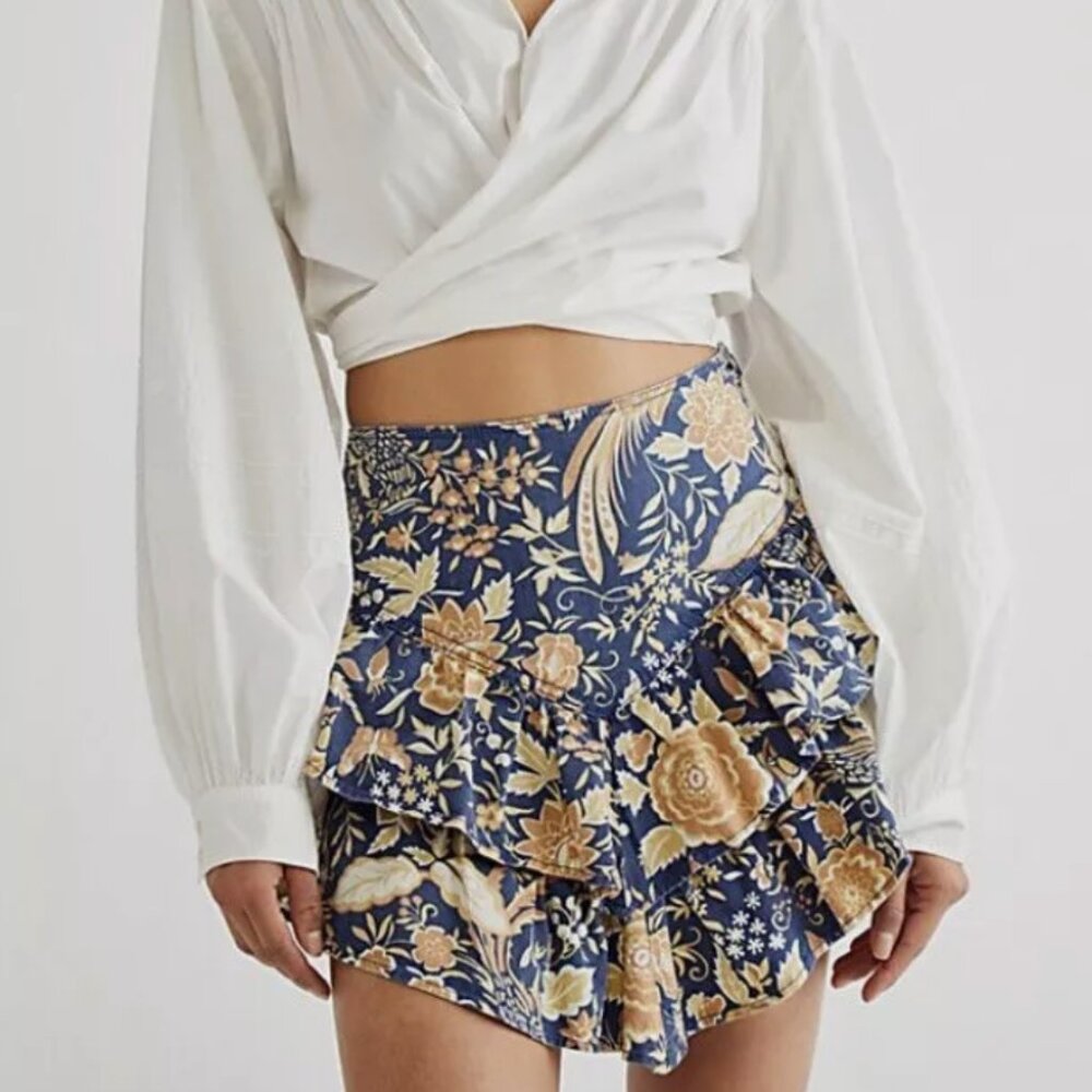 Mother Denim Floral Paisley Tropical Print Mini Skirt Ruffle Zip Up 25 XS